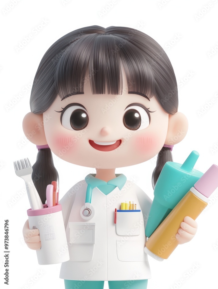 A cheerful cartoon character dressed as a doctor, holding medical tools and a toothbrush. A cheerful cartoon character dressed as a doctor, holding medical tools and a toothbrush.