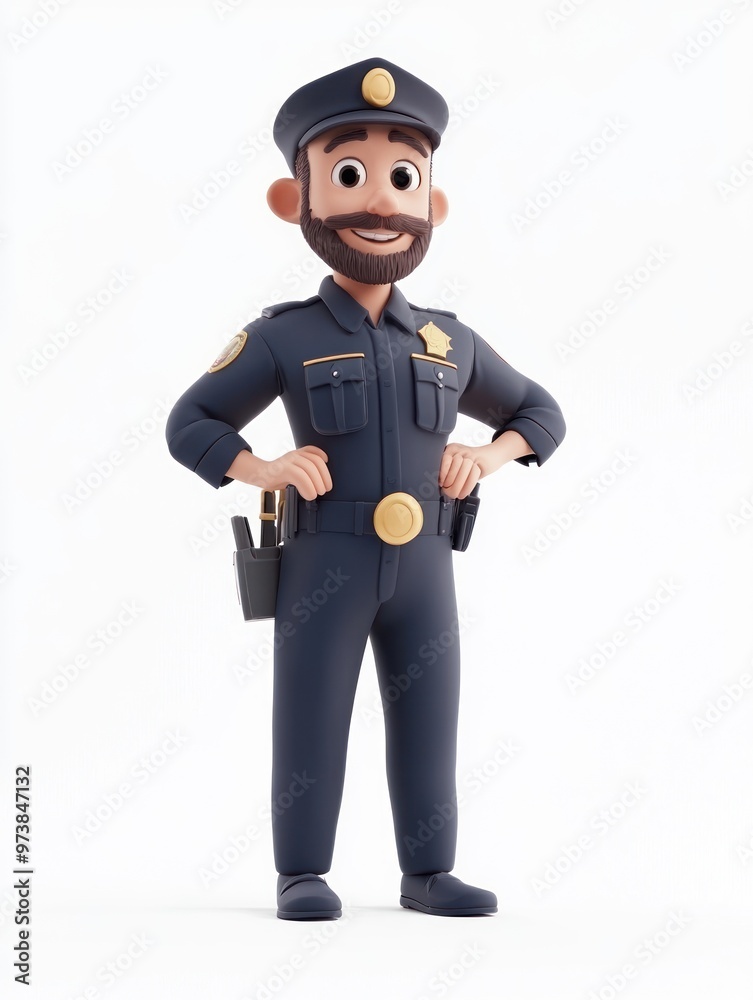 A cheerful animated police officer character standing confidently with hands on hips. A cheerful animated police officer character standing confidently with hands on hips.