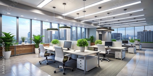 Modern LED lighting fixtures brighten a tidy office space, fostering a comfortable and stimulating environment that
