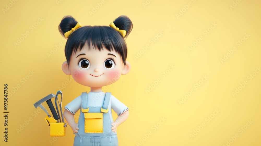 A cheerful cartoon girl in overalls holding gardening tools against a yellow background. A cheerful cartoon girl in overalls holding gardening tools against a yellow background.