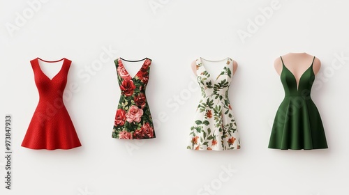 A collection of elegant dresses in various colors and floral patterns, perfect for any fashionable occasion.