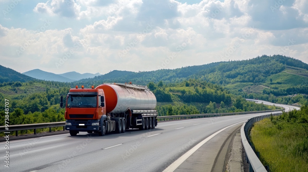Fuel truck on a highway, transporting fuel with a focus on safety Fuel truck on a highway, transporting fuel with a focus on safety