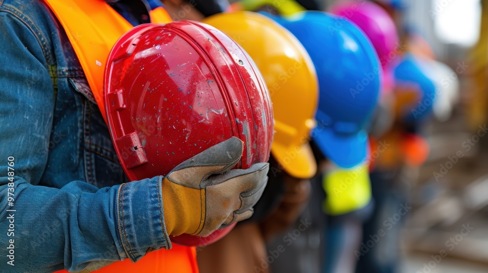 A group of diverse construction workers standing together, holding their helmets. Close-up of their hands, wearing safety vests and hard hats on the work site. Presented in a banner format, with high- A group of diverse construction workers standing together, holding their helmets. Close-up of their hands, wearing safety vests and hard hats on the work site. Presented in a banner format, with high-