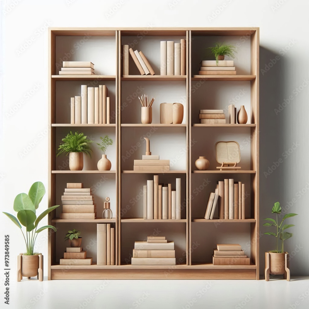 3D rendered bookshelf with shelves filled with books and ceramic 3D rendered bookshelf with shelves filled with books and ceramic