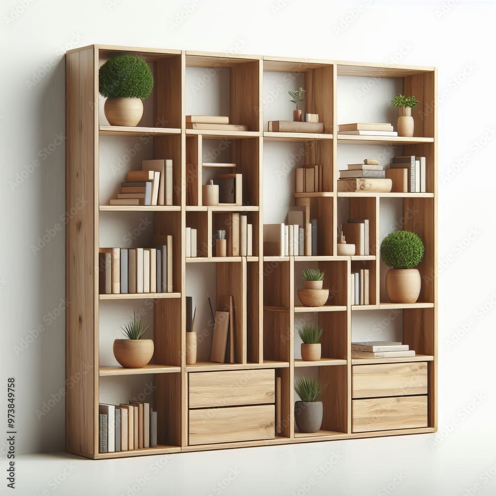 3D rendered bookshelf with shelves filled with books and ceramic