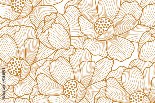Golden tropical leaf line art wallpaper background vector. Natural leaves pattern design in minimalist linear.	