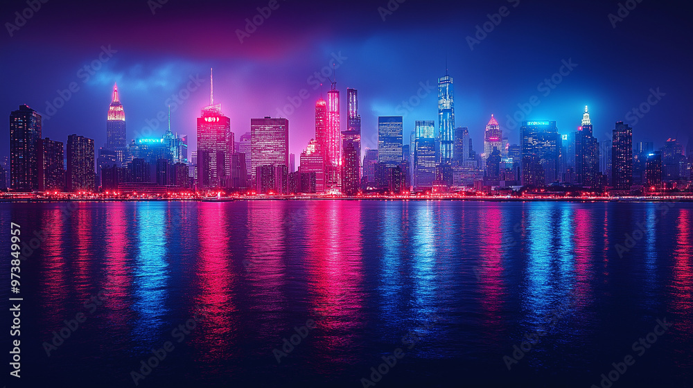 A city skyline by the bay with red and blue neon lights in the background, reflecting on the surface of the ocean A city skyline by the bay with red and blue neon lights in the background, reflecting on the surface of the ocean