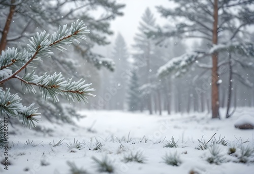 A snowy winter landscape with blurred pine tree branches in the foreground and a soft, hazy background with falling snowflakes.