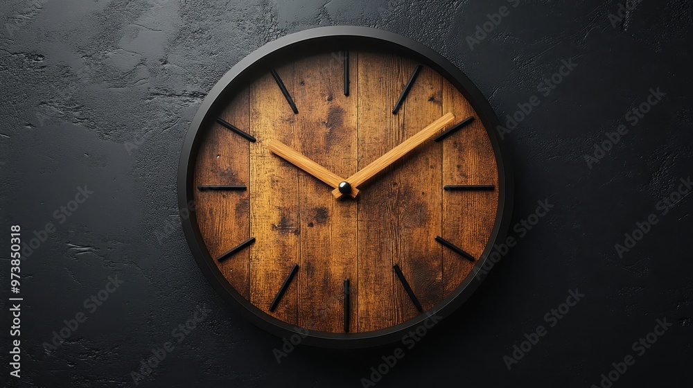 custom made wallpaper toronto digitalUltra-realistic modern wall clock with wooden hands on a black background, featuring a minimalist white and wood color theme, captured in high-resolution photography.

