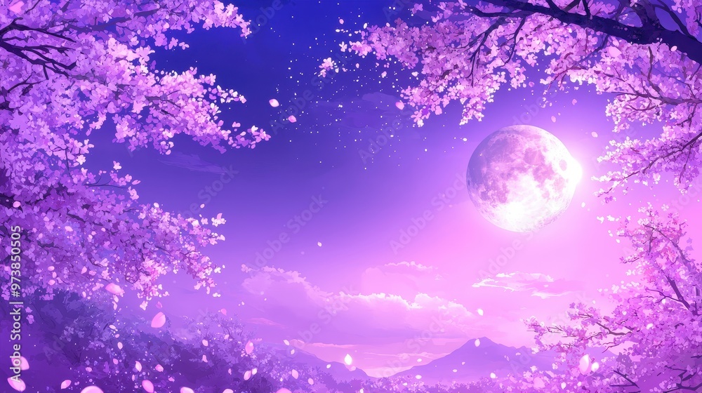 Fototapeta premium Pink Sakura Blossom Trees Under Full Moon Night Sky