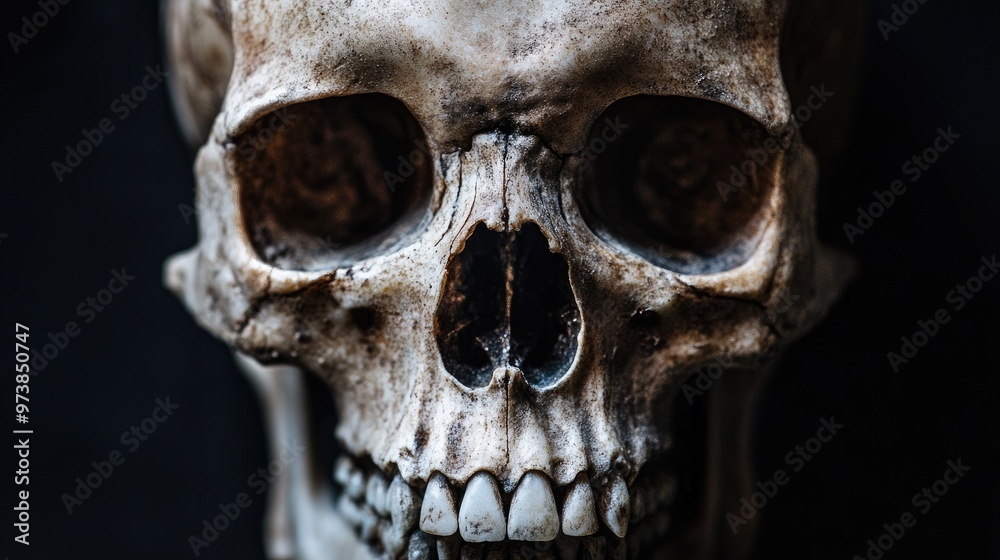 A close-up of a single human skull, with a haunting expression. A close-up of a single human skull, with a haunting expression.