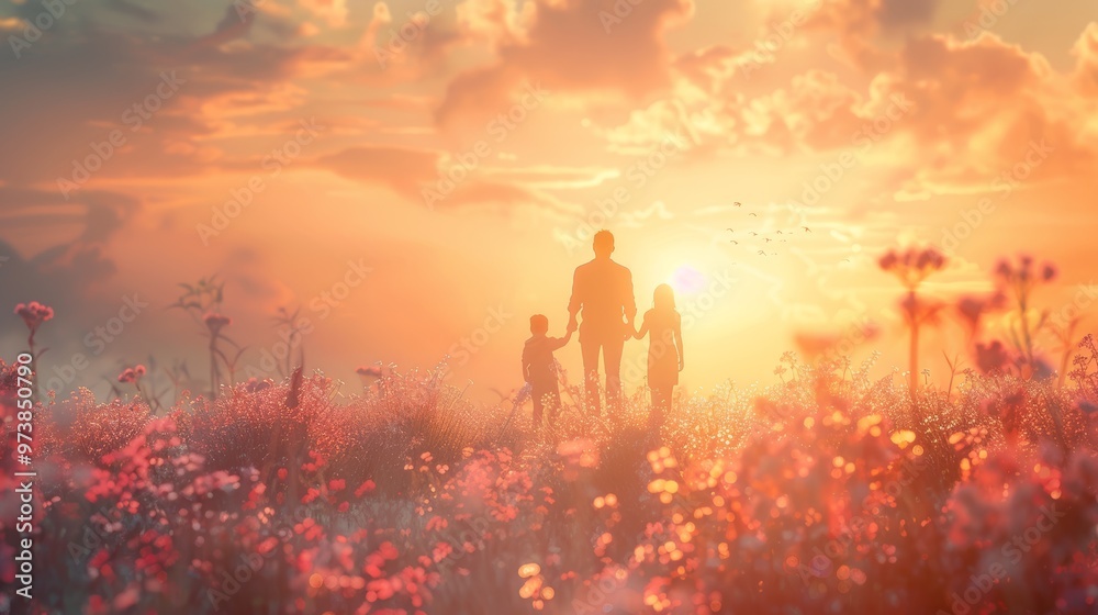 Fototapeta premium Family Enjoying a Beautiful Sunset in a Flower Field - Happiness and Togetherness in Nature - Perfect for Travel and Lifestyle Concepts