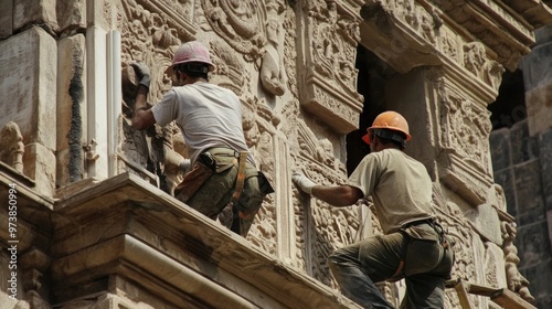 Historical building restoration workers carefully reconstructing ancient architecture photo