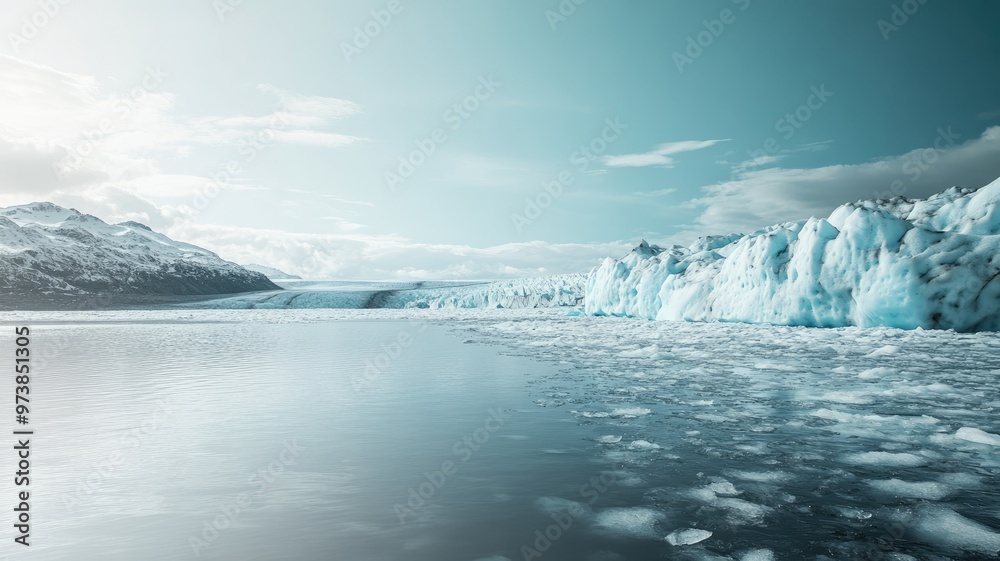 Vast icy landscape with glaciers meeting calm water under cloudy sky Vast icy landscape with glaciers meeting calm water under cloudy sky