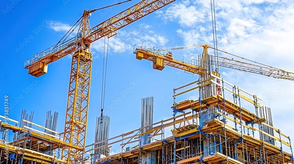 Construction Site with Yellow Cranes and Scaffolding