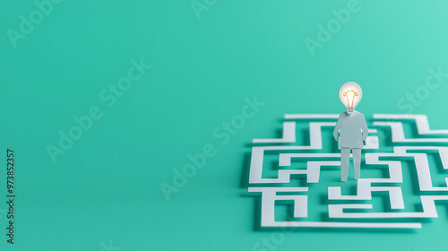 Paper Cutout Figure with Lightbulb Head Standing on Maze Representing Creative Problem-Solving