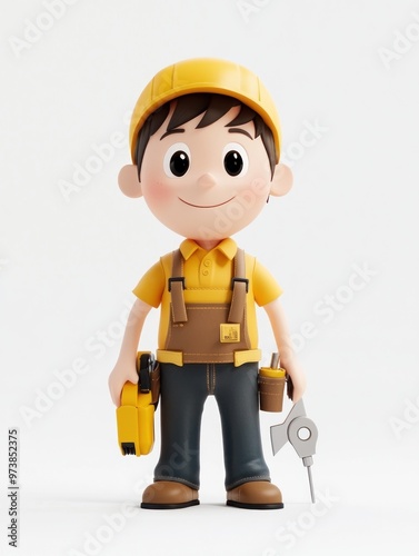 A cheerful cartoon character in work attire holding tools, symbolizing construction and creativity.