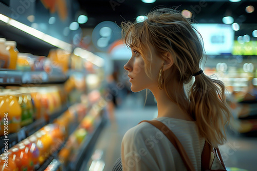 Elegant female grocery shopping in a chic supermarket, side view, showcasing fashion and grace, advanced tone, Analogous Color Scheme photo