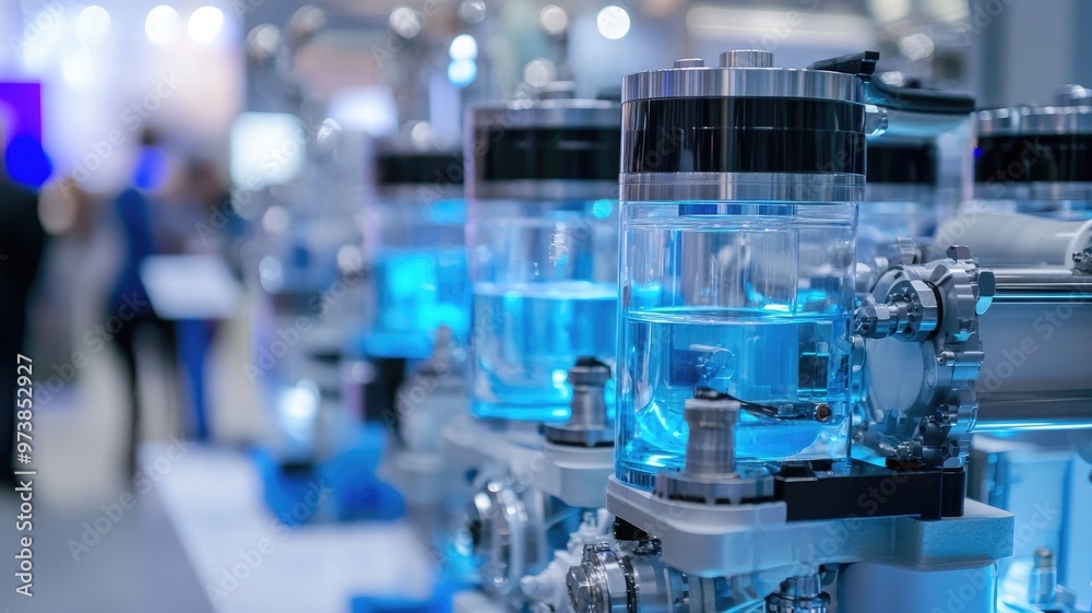 Industrial water filtration system with transparent cylinders, metallic parts, and blue lighting Industrial water filtration system with transparent cylinders, metallic parts, and blue lighting