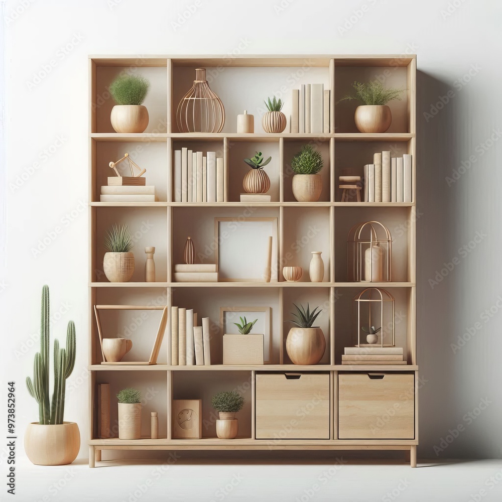 Wooden shelves in a room cabinet decorated with books and glass items create a cozy interior design for the home Wooden shelves in a room cabinet decorated with books and glass items create a cozy interior design for the home