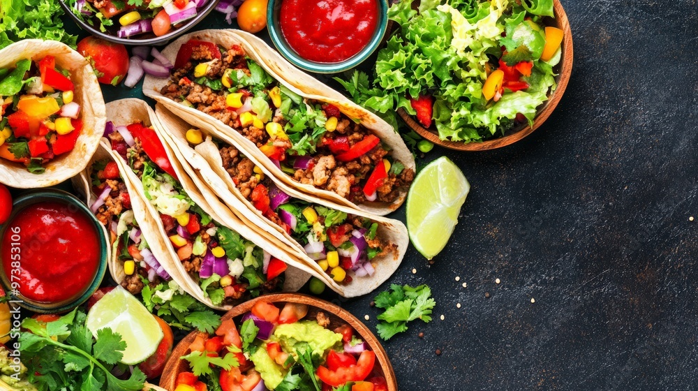 A colorful taco spread with various fillings and toppings, ready to be enjoyed in a festive and lively setting. A colorful taco spread with various fillings and toppings, ready to be enjoyed in a festive and lively setting.