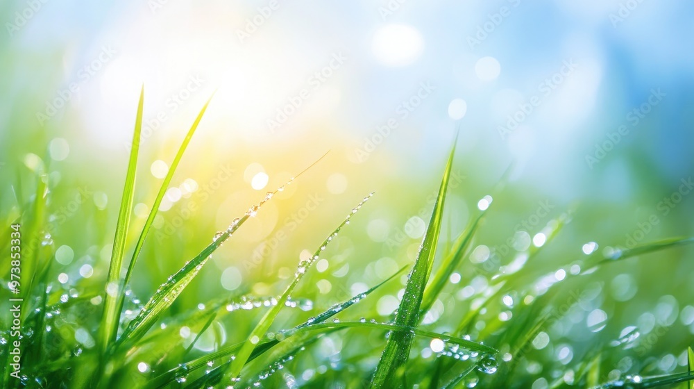 Obraz premium A close-up of dew-kissed green grass blades with a soft-focus blue sky in the background.