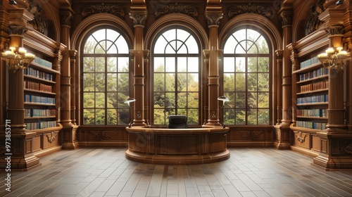 Elegant Judge's Office with Wooden Frame Border and Library Background - Legal and Judicial Concept