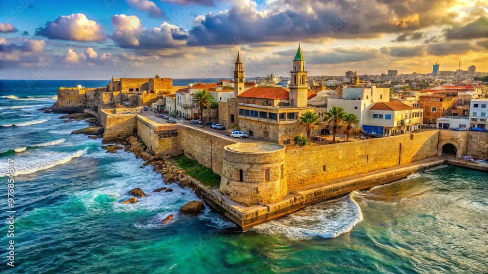 Naklejka premium Ancient city walls and fortifications surround the bustling port city of Acre, with its rich history and diverse
