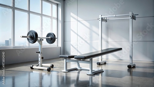 Exercise bench with equipment in background