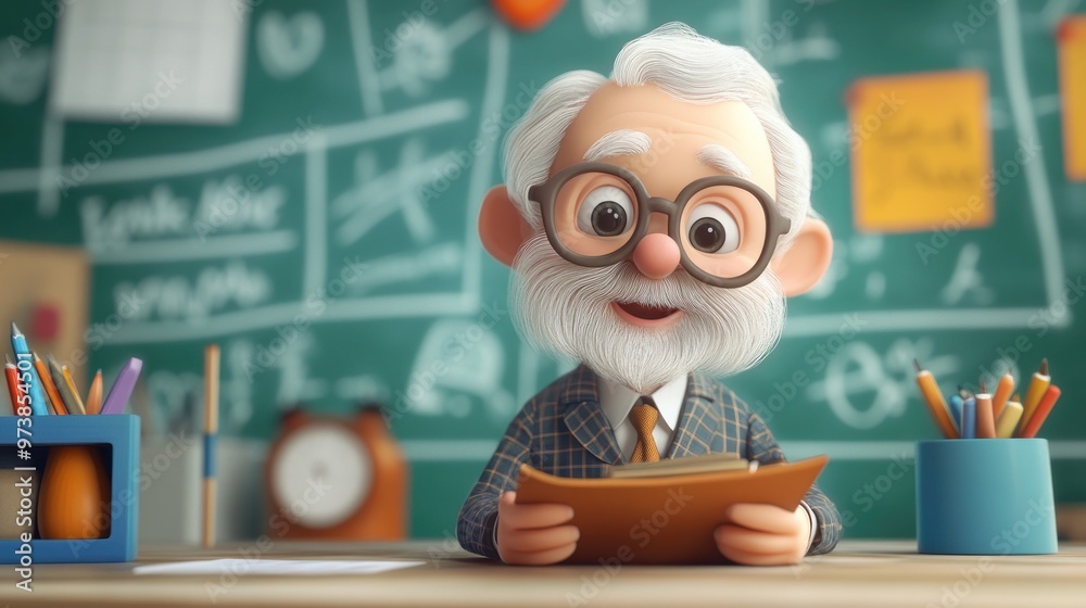 A cheerful elderly man with glasses sits at a desk, surrounded by educational materials. A cheerful elderly man with glasses sits at a desk, surrounded by educational materials.