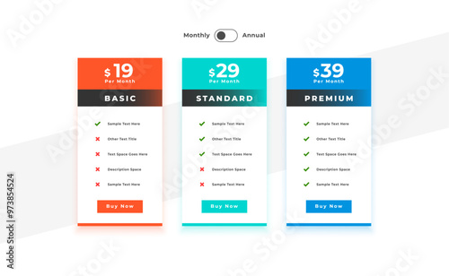 3 column web business pricing chart layout design