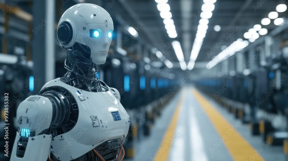 Robotics in industry with modern factory design, factory production lines Robotics in industry with modern factory design, factory production lines