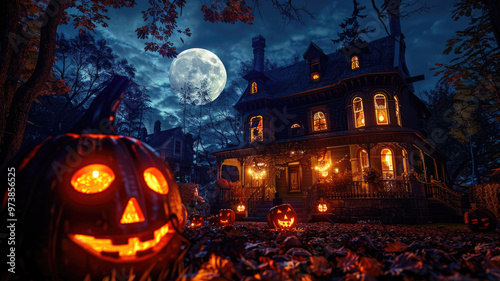 Haunted house with glowing pumpkins and a full moon on Halloween night