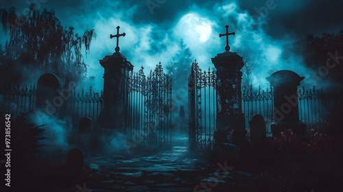 A shadowy graveyard scene with gothic tombstones and iron gates, bathed in moonlight, with dark figures and ghostly mist adding a spooky and mysterious Halloween vibe  photo