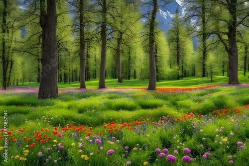 A vibrant green meadow in spring filled with colorful flowers and surrounded by tall trees, AI Generated