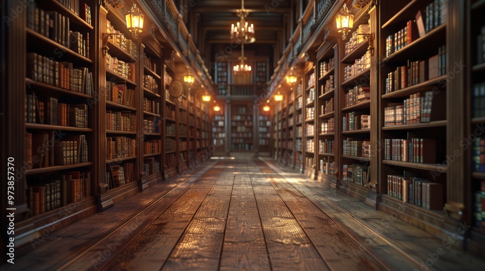 A cozy aisle between wooden bookshelves in a vintage library, with dim lighting and a nostalgic feel. A cozy aisle between wooden bookshelves in a vintage library, with dim lighting and a nostalgic feel.
