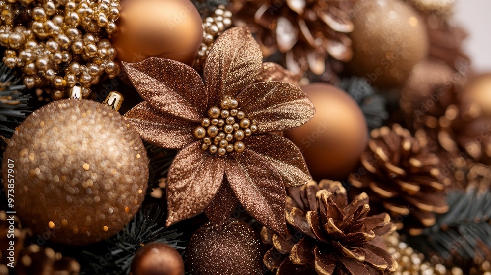 Close-up of chocolate and gold Christmas tree decorations on a clean white backdrop, shimmering with holiday cheer and sophistication Close-up of chocolate and gold Christmas tree decorations on a clean white backdrop, shimmering with holiday cheer and sophistication