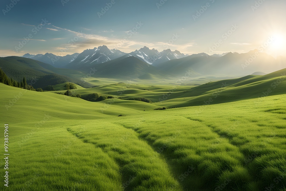 Fototapeta premium Green meadow with gentle slopes leading to a distant mountain range under a bright afternoon sun, AI Generated