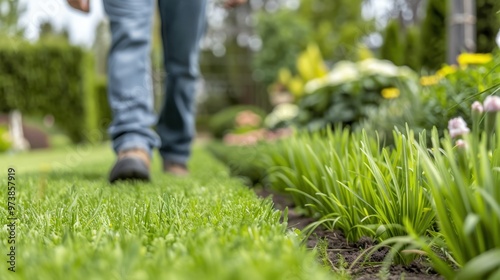 Professional landscaper using state-of-the-art garden equipment to design and maintain a lush, green garden, demonstrating the growth and innovation in the landscaping business and garden industry