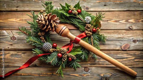 Ancient Greek mythological symbols adorn a rustic wooden staff, topped with a pine cone and festive ribbons, evoking photo