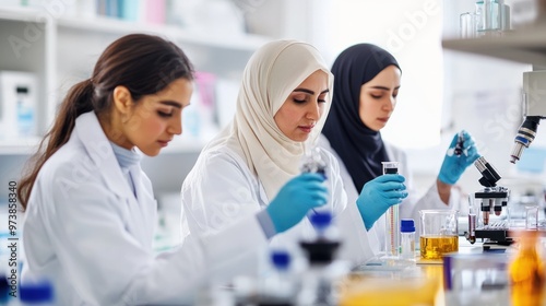 Saudi women scientists conducting research in a laboratory