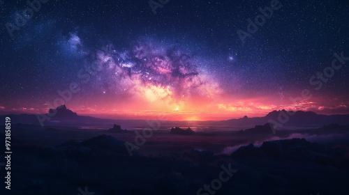 A cosmic landscape with a grainy gradient sky filled with stars, transitioning from dark black to shades of purple and blue, creating a sense of wonder and infinity 