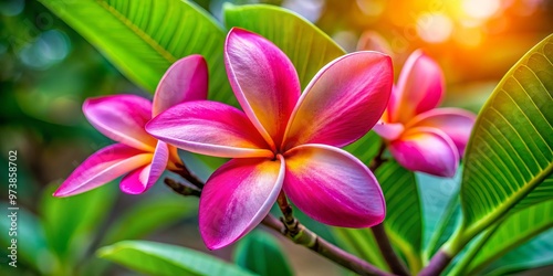 Tender pink petals unfurl from the plumeria center, releasing a heady scent that mingles with the blurred environment, photo