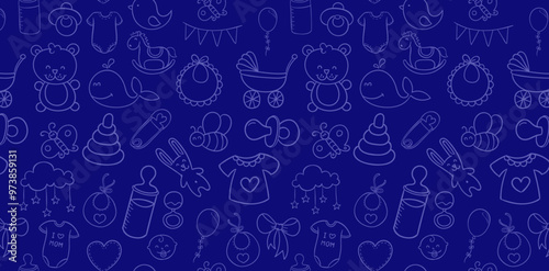 seamless patterns with cute baby clothes and accessories dark blue colors backgrounds for a baby shower invitations, baby girl and baby boys fabric printing, patterned fills, webs pages childish