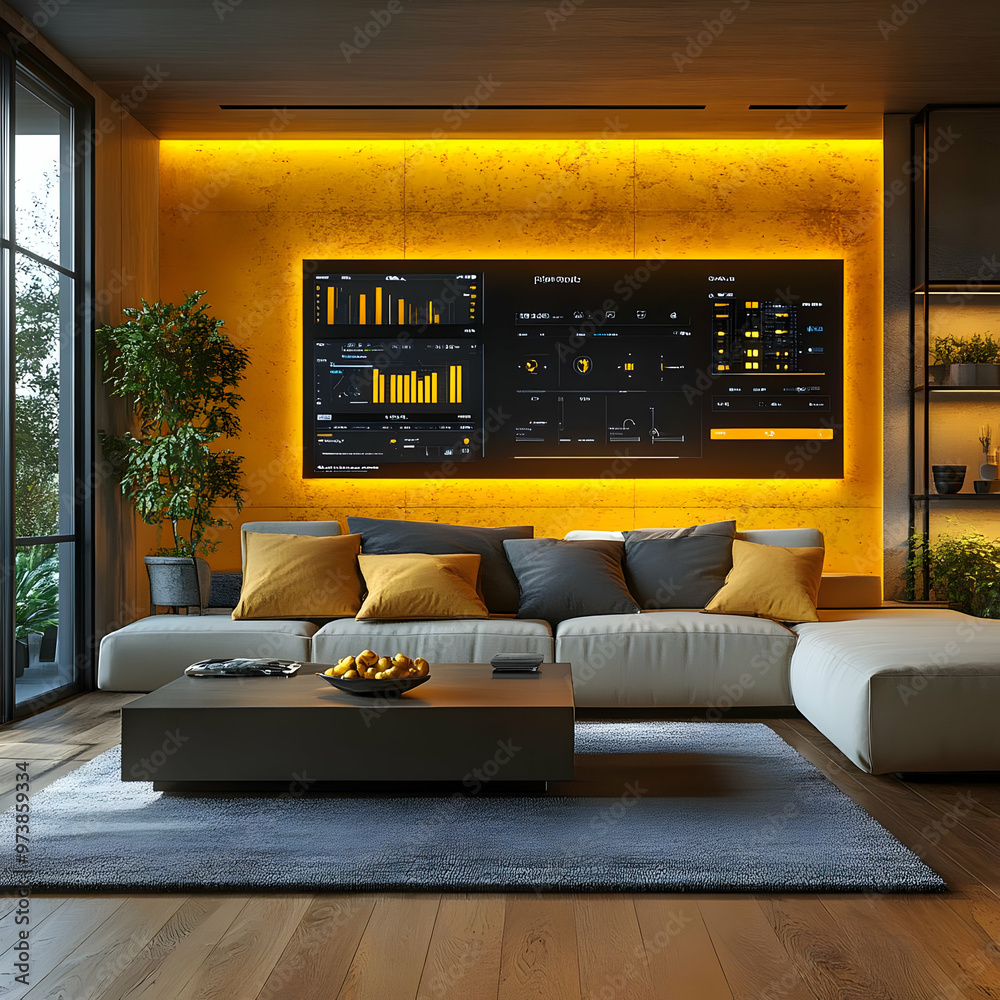 Modern Living Room Interior Design with Yellow Wall and Smart TV Illustration