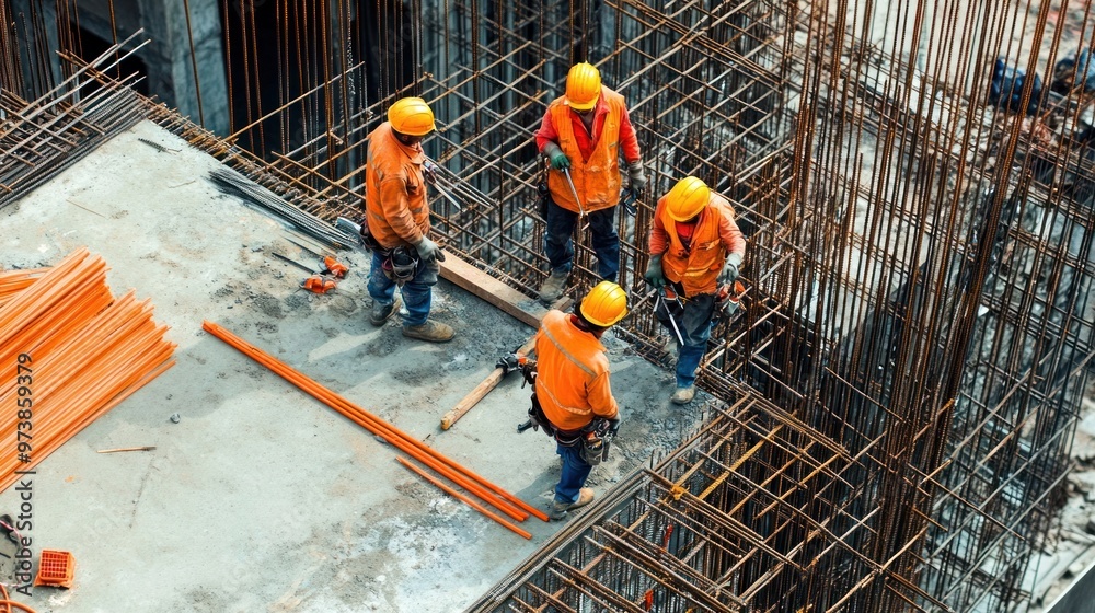 Fototapeta premium Skilled construction workers using specialized tools on a high-rise building project