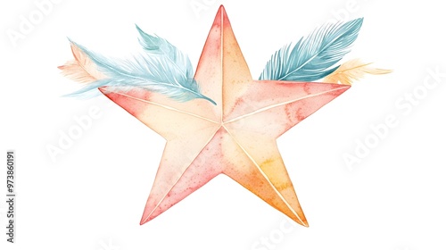 A whimsical watercolor Christmas star with boho-style feathers in gentle pastel hues, creating a light and airy design, isolated on a white background  photo