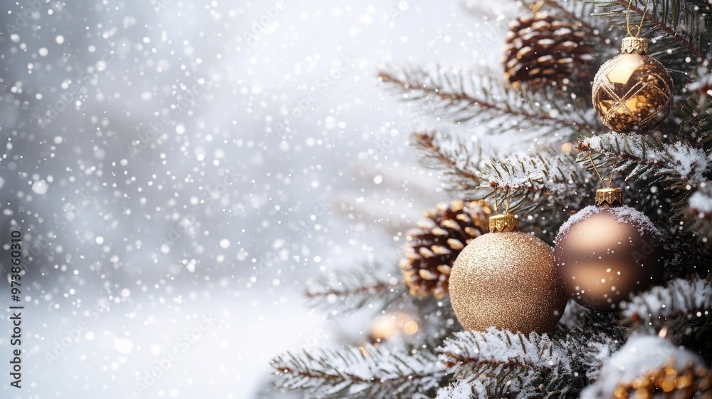 Christmas tree adorned with chocolate and gold decorations, captured against a white snowy background, sparkling with holiday magic Christmas tree adorned with chocolate and gold decorations, captured against a white snowy background, sparkling with holiday magic