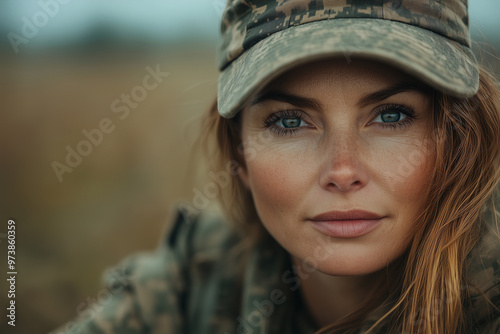 A portrait of a female veteran in uniform, with a soft background of the battlefield in which she served.