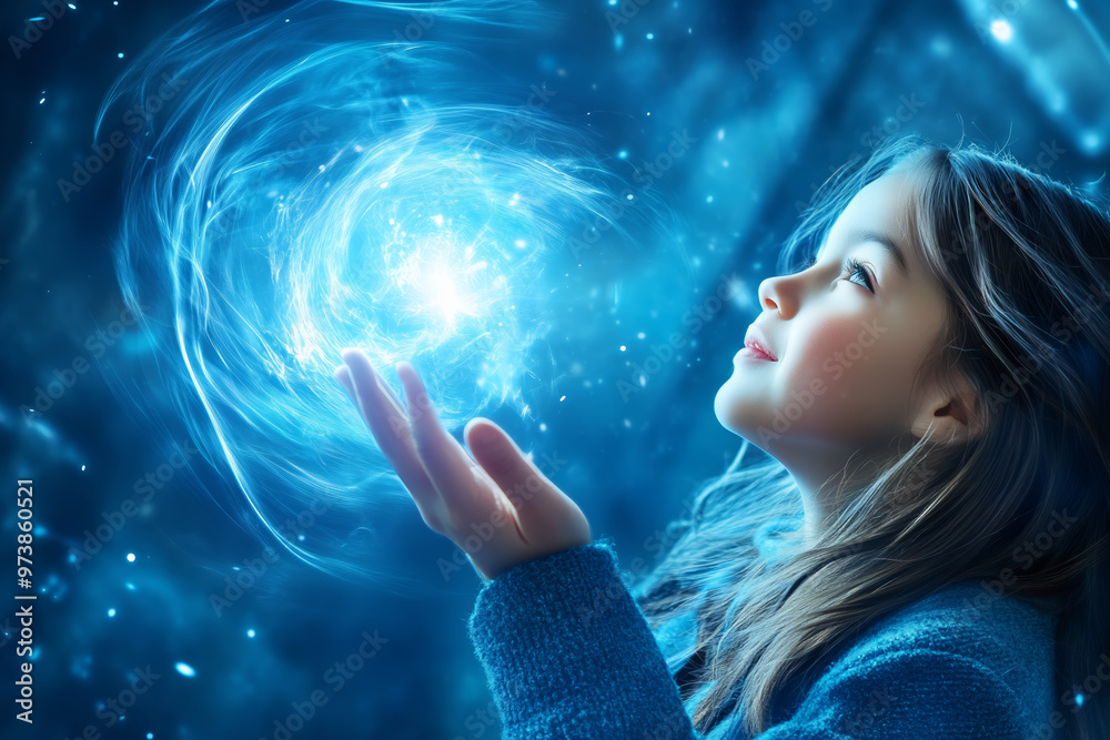 Naklejka premium A young girl creates glowing magic with her hand in a fantasy world of blue light and energy